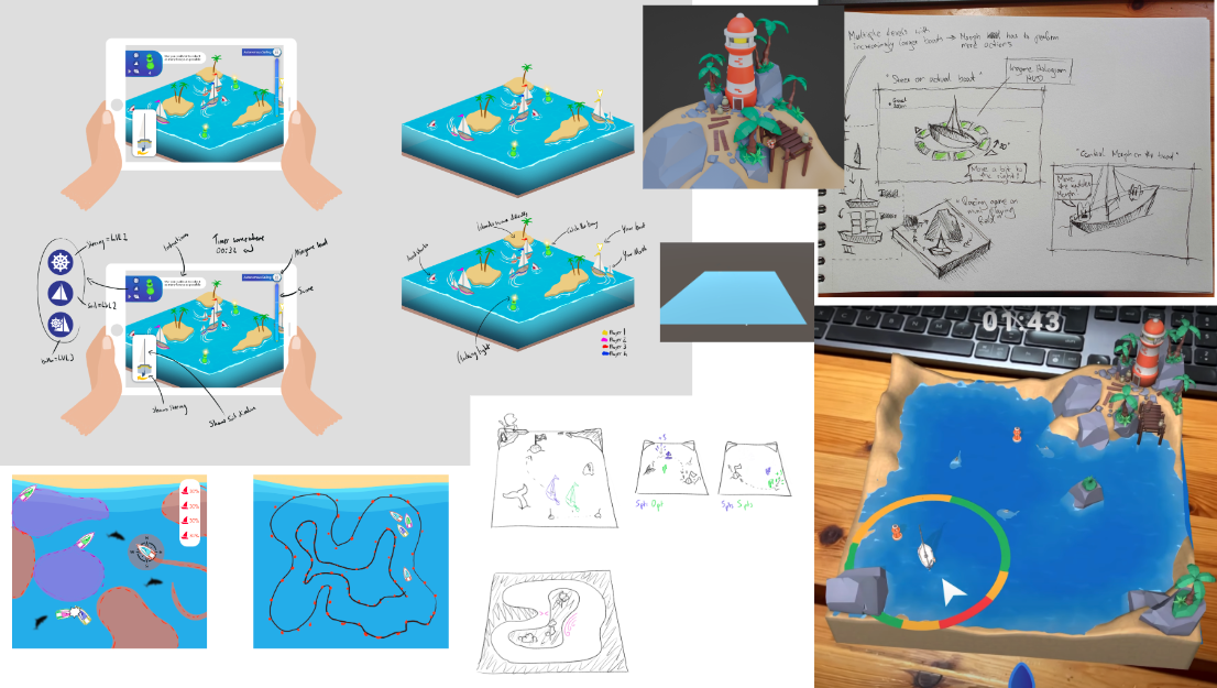 Sketches and paper prototypes of the "Autonomous Sailing" minigame. 