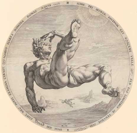 Hendrick Goltzius nach Cornelis von Haarlem, 
<i>Ikarus</i>, aus der Folge 
<i>Die vier Himmelsstürmer</i>, 1588, Kupferstich. Graphische Sammlung ETH Zürich.