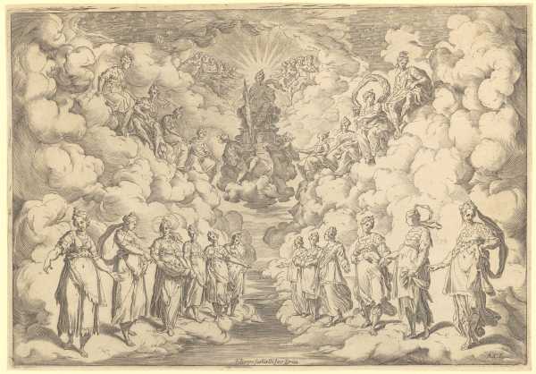Agostino Carracci nach Andrea Boscoli, 
<i>Harmonie der Sphären</i>, 1589-1592, Kupferstich und Radierung. Graphische Sammlung ETH Zürich.