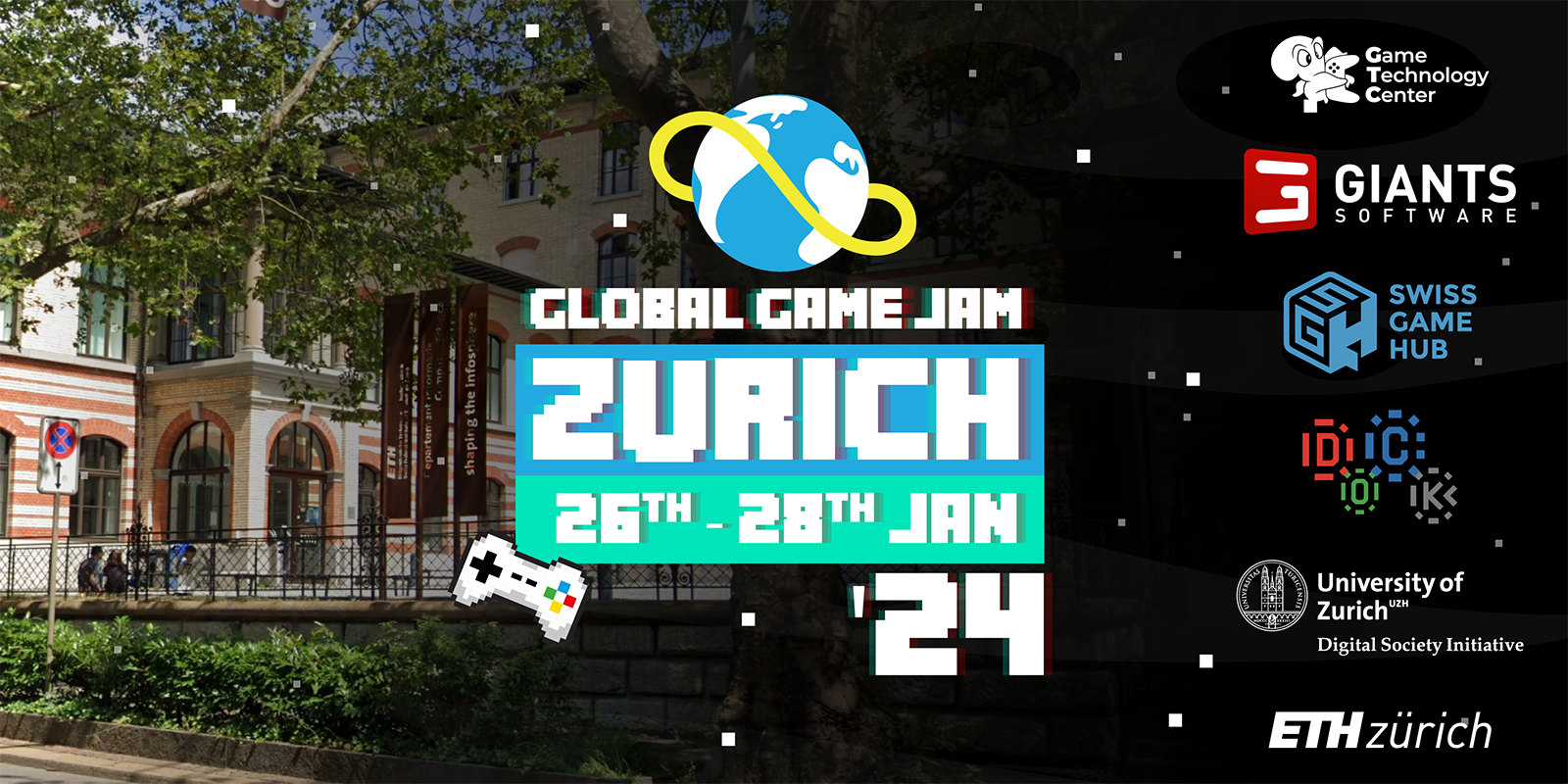 Global Game Jam logo with the CAB building in the background